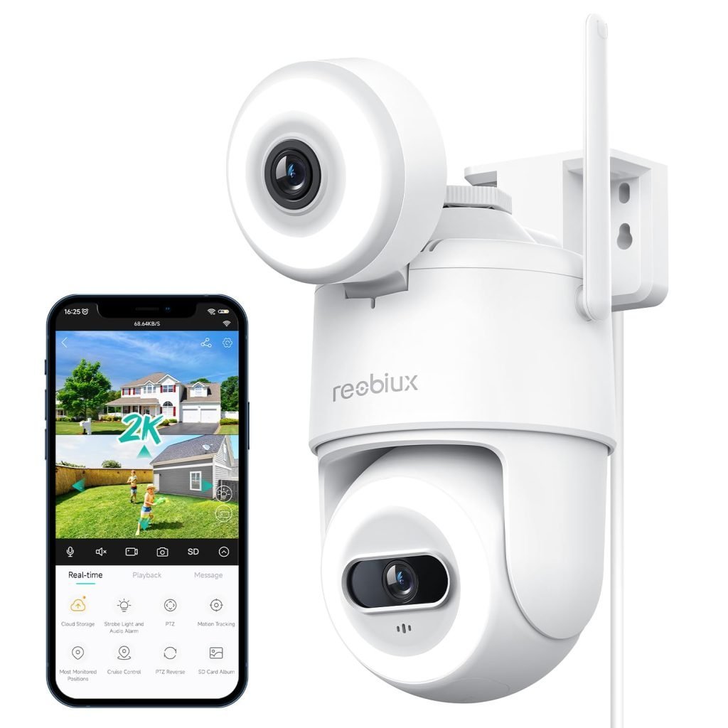 Reobiux: Cámara de Vigilancia WiFi Exterior con Doble Lente, Seguimiento Humano Automático y Visión Nocturna Color